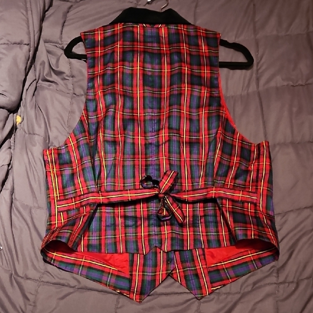 Vintage Red, Black, Green, Yellow, Purple Plaid Vest, Sz L, Velvet Collar, EUC! - Picture 3 of 11